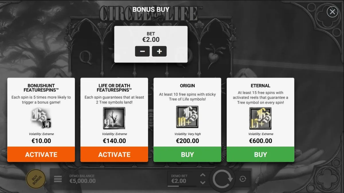 Interface visual monocromática e artística do slot Circle of Life da Hacksaw Gaming