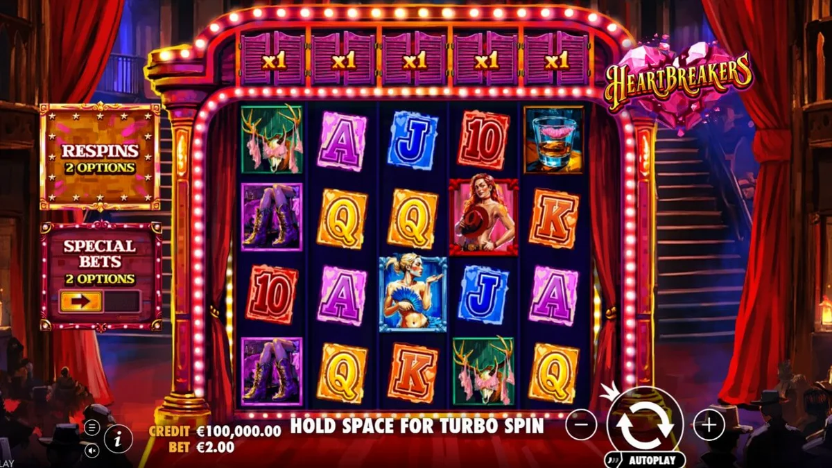 Cenário temático de cabaré e Velho Oeste no slot Heartbreakers